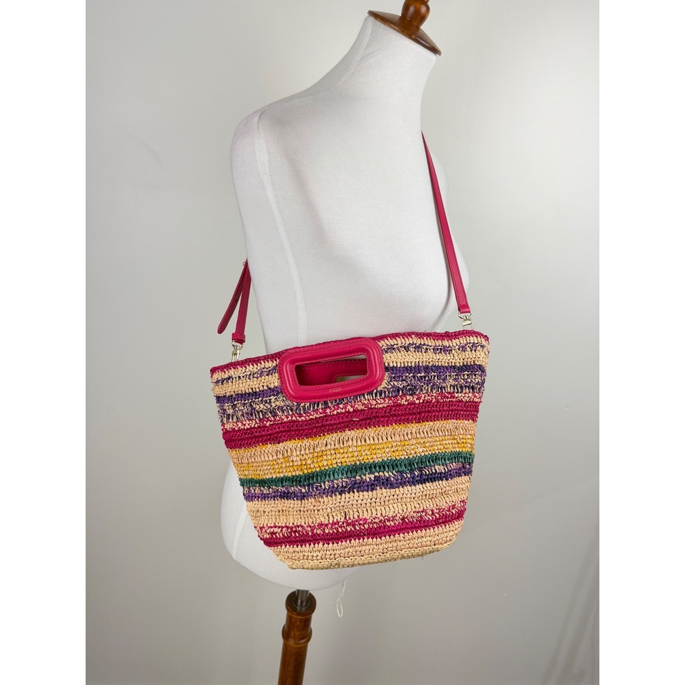 Maje Striped Straw Satchel Multicolor Stripe Pink Raffia Crossbody Euro Summer - Picture 14 of 16